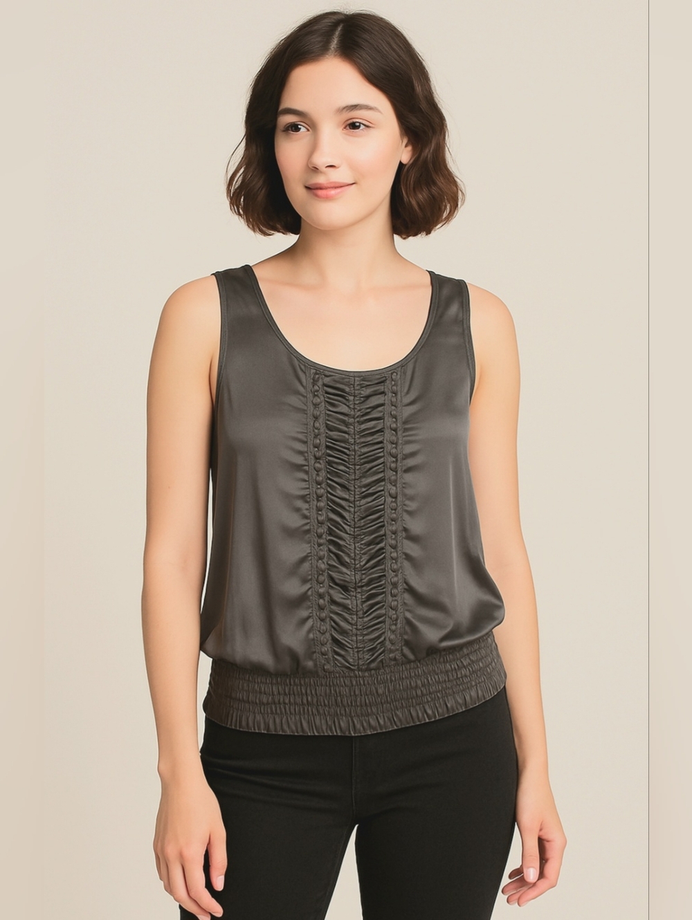 Gunmetal Grey 100% Silk Ruched studded Tank with Smocked Waist M Steampunk